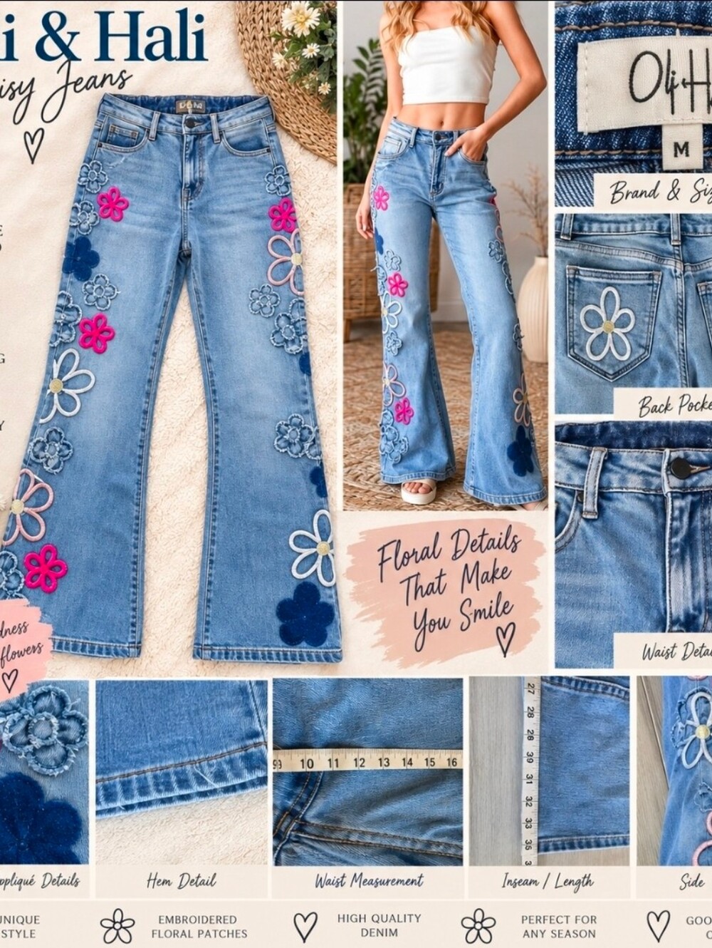 Oli & Hali Daisy Dreams Floral Applique Embroidered Flare Jeans Sz M